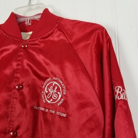 Vintage USA Satin Jacket Bomber GE Factory of The Future Embroidered Snap Red L - Picture 8 of 13